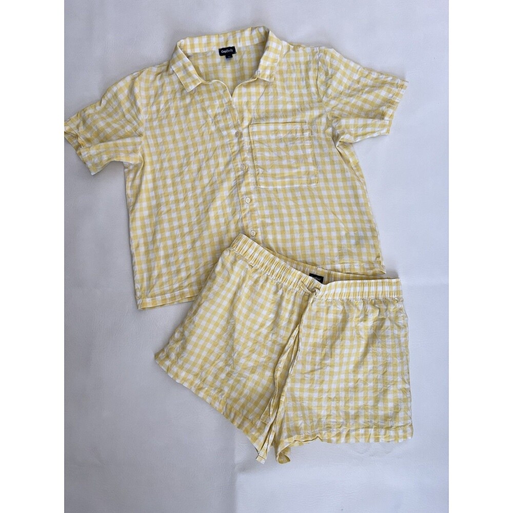 GapBody Womens Small Yellow White Gingham 100% Cotton 2-Piece Pajama Short Set